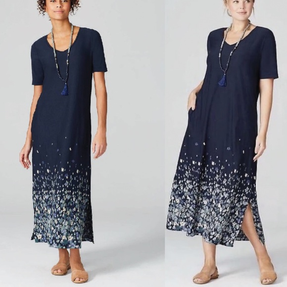 J.Jill Pure Jill Floral Border-Print Maxi Dress Short Sleeve Size M Pockets - Picture 4 of 15